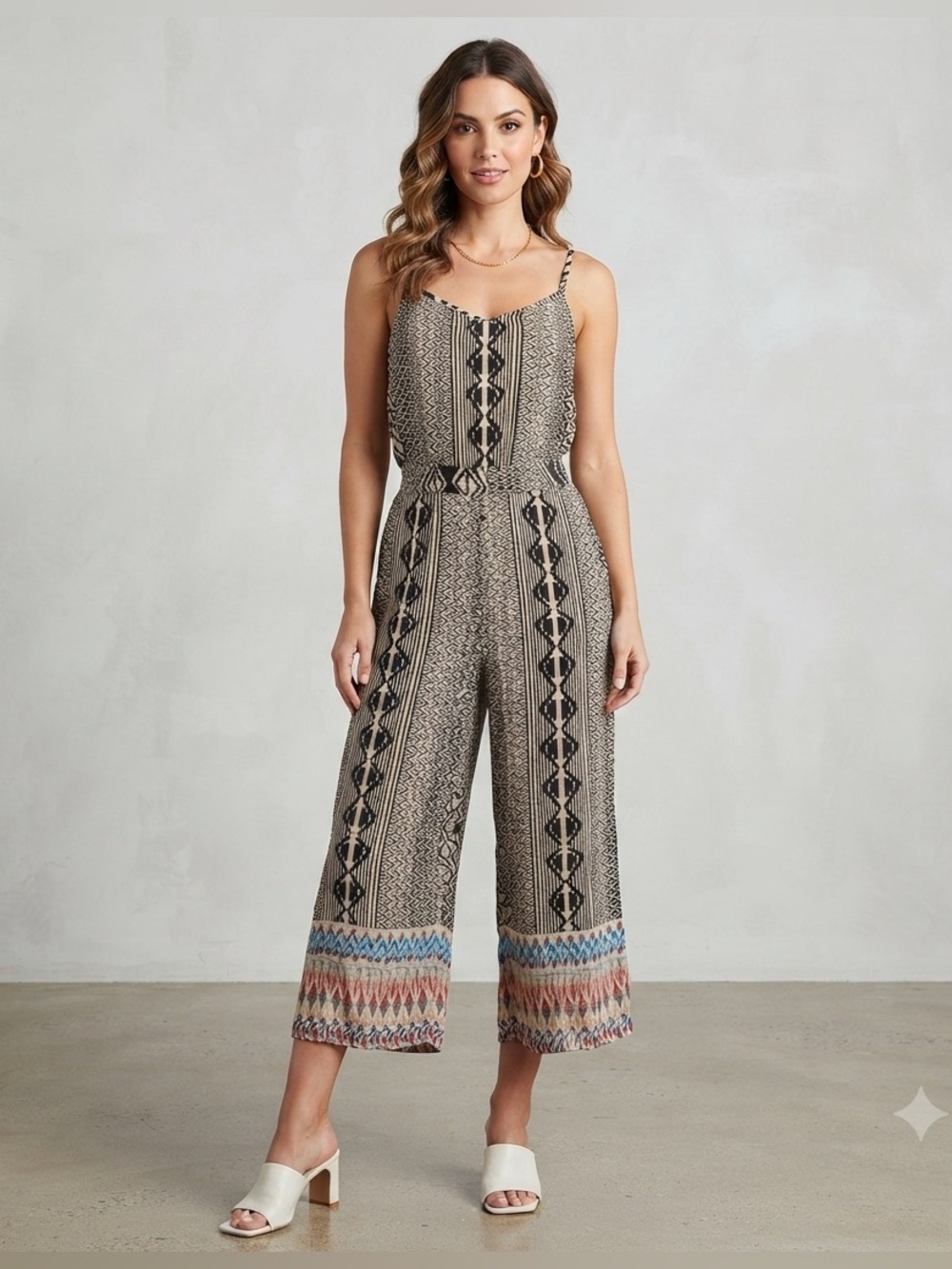Rue21 Beige Printed Wide-Leg Spaghetti Strap Jumpsuit
